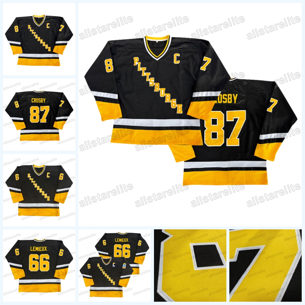 Stitch #87 Crosby Black Embroidered Ice Hockey Jersey - V-Neck 66 LEMIEUX Embroidered Alphabets, 100% Polyester, Slight Stretch, Four Seasons, Casual 