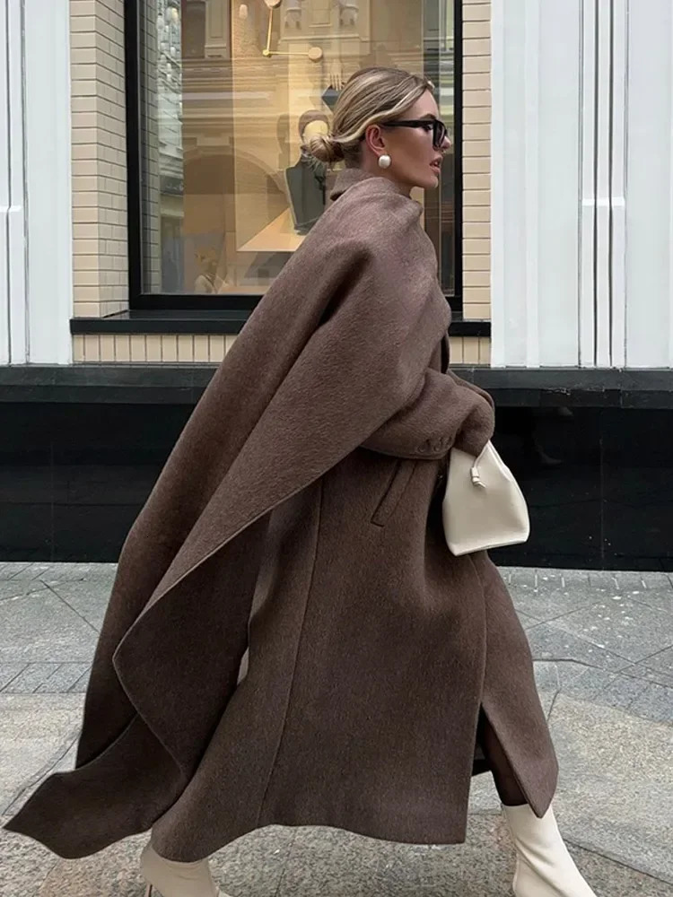 Elegant and warm scarf collar long sleeved coat fashionable solid double-layer pocket wool coat womens winter long sleeved 241122
