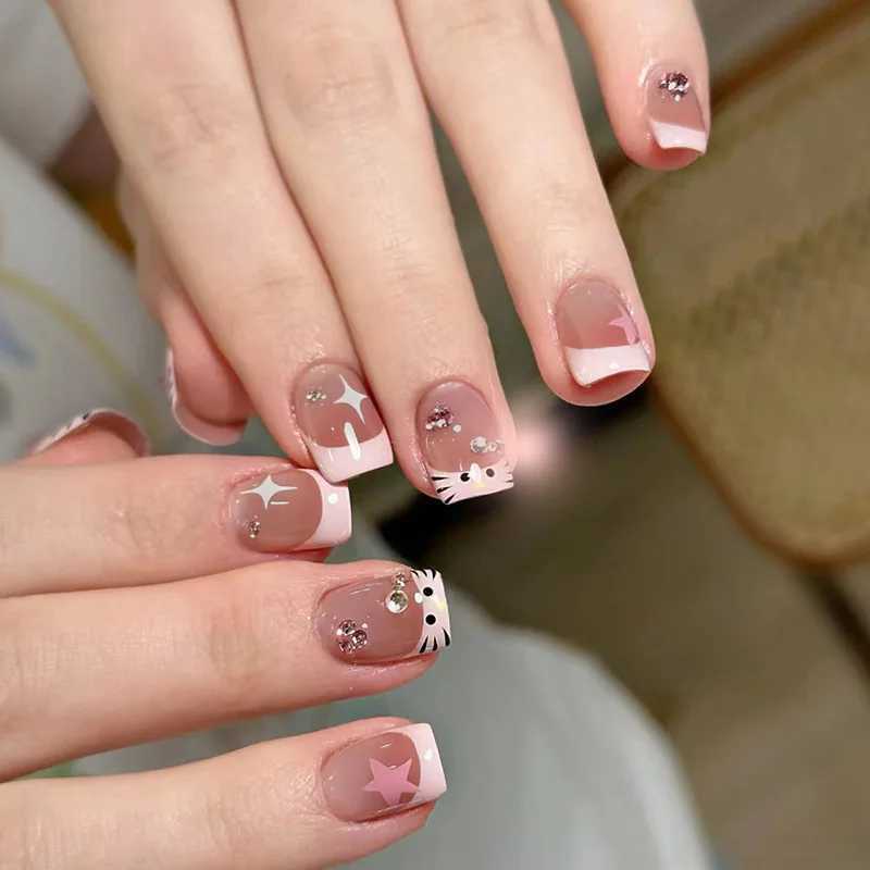 24 pieces of Y2K fake nails with cute black heart design reusable French fake nails full cover short press Y2K girl nailsW241125