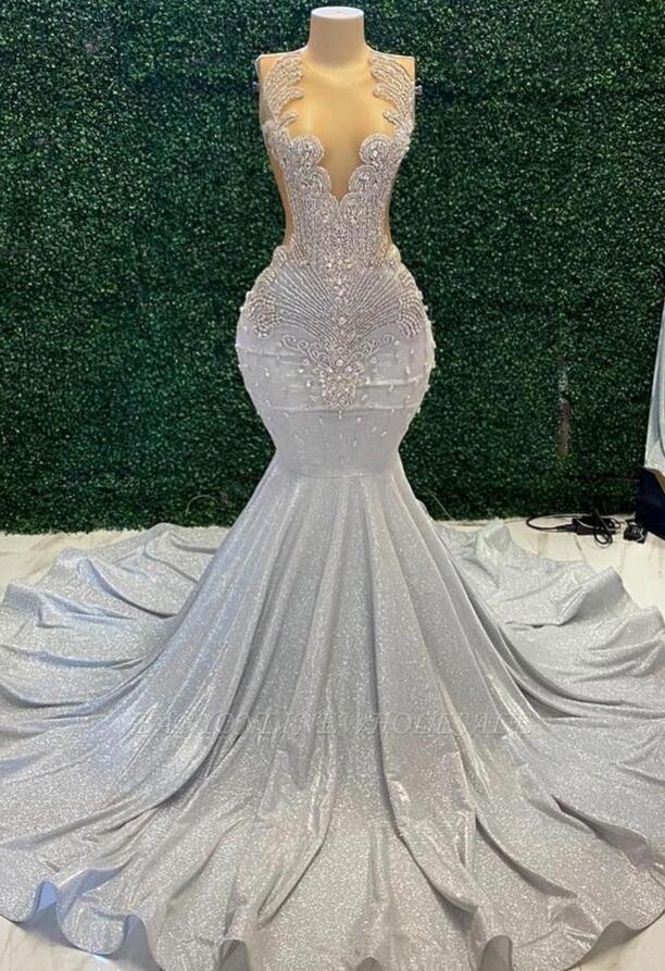 Stunning Mermaid Prom Dresses Sexy Sheer Jewel Neck Appliques Beads Sequins Long Evening Gowns Black Girls Met Gala Vestidos De Bal Bc18397 0425