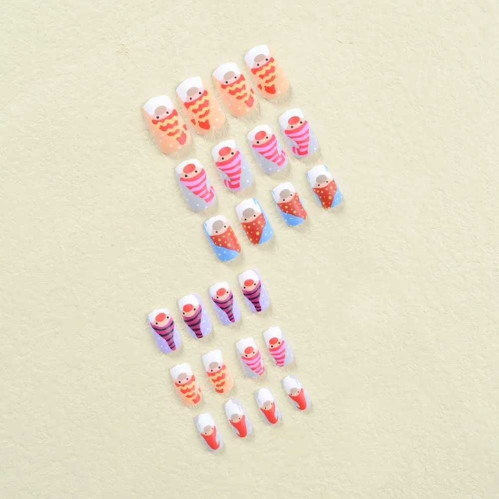 24 Christmas Snowflakes Fake Nails Square Head French Nails Snowflakes Pressed on Nails Waterproof Fake NailsW241125