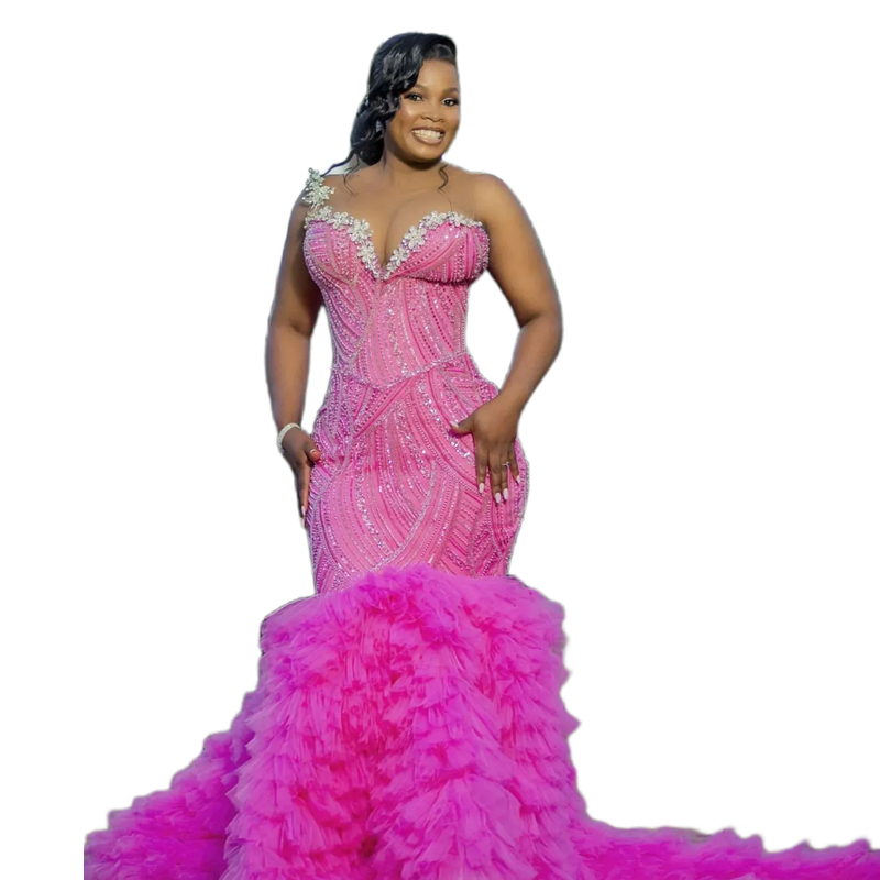 Exquite Beaded Sequins Mermaid Prom Dresses Hot Pink Fuchsia Tiered Tulle Long Evening Gowns Flowers Sweetheart Neckline Sheer Jewel Neck Special Occa