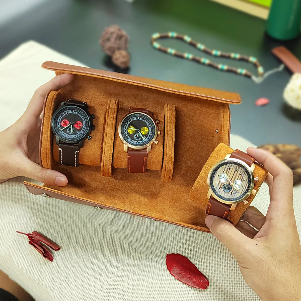 1/2/3-Slot Watch Roll Travel Case Personalized Watch Case Custom Leather Watch Box for Him Engraved Travel Watch Box Mens Gfits 240425