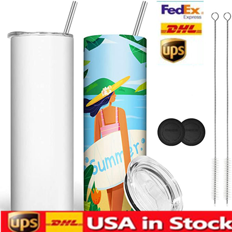 US CA Warehouse 25Pcs/Carton 20Oz Sublimation Tumblers Straight Blan White 304 Stainless Steel Vacuum Insulated Slim DIY Cup Car Coffee Mugs Party Gif