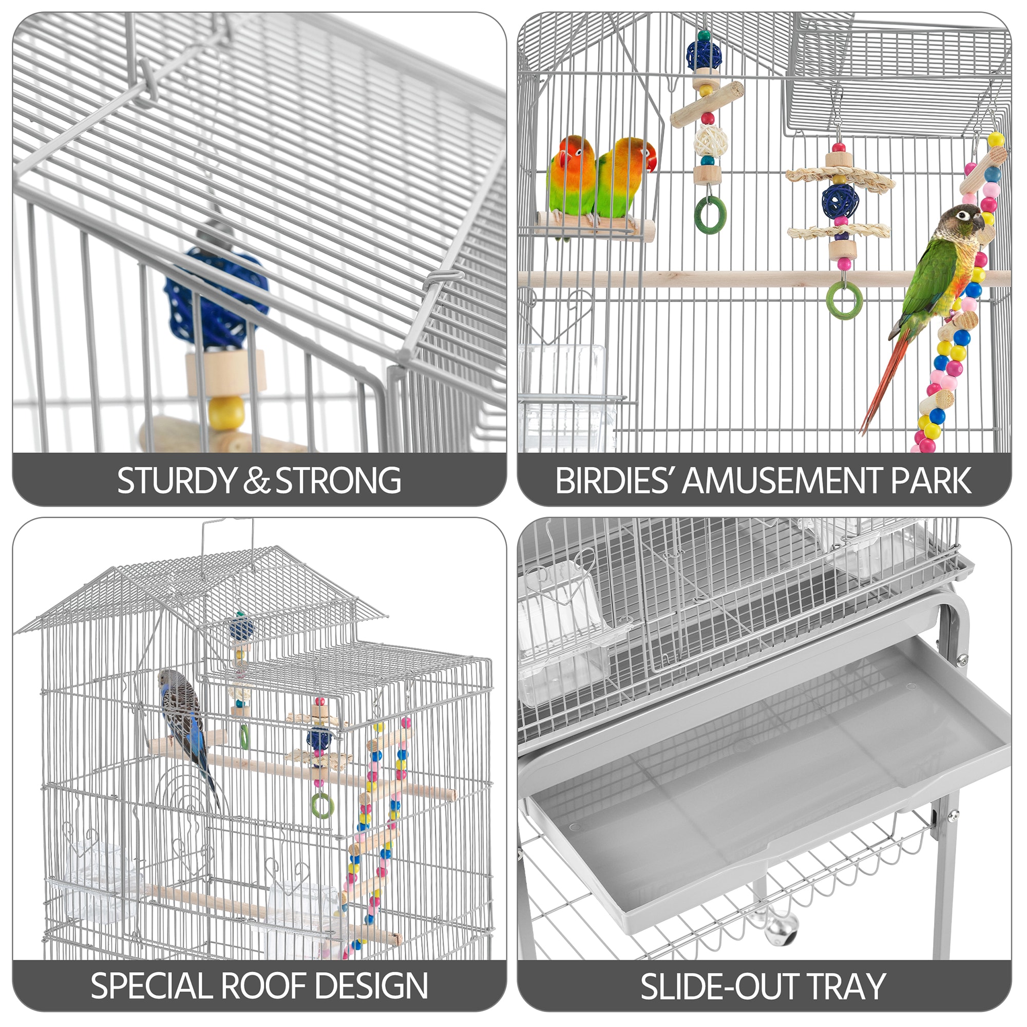 Topeakmart Light Gray Metal Bird Cage with Ladder Toy and Rolling Detachable Stand, 62.4" H