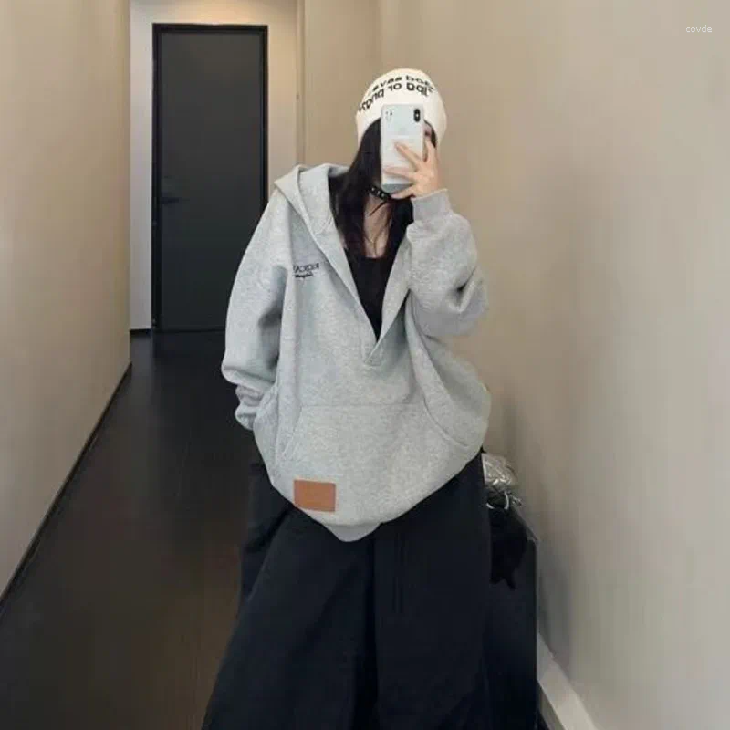 Women's Oversized Hoodie With Letter Embroidery - Casual Grunge Sweatshirt For Winter, Kpop Style