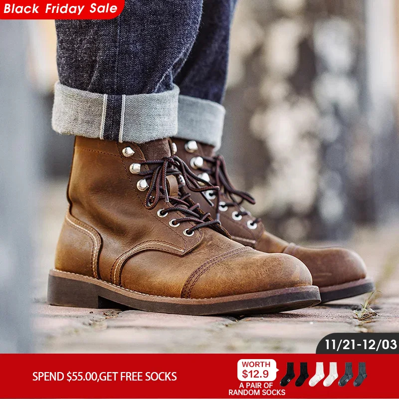 Maden First Layer Cowhide 8111 Ankle Vintage Genuine Leather Paratrooper Motorcycle Boots Autumn Men Casual Safety Shoes