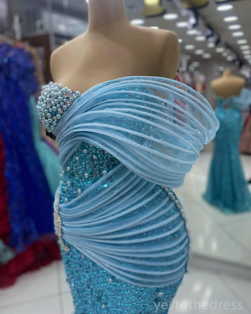 2024 Plus Size Blue Prom Dresses for Black Women Promdress Illusion Beaded Lace Pearls Rhies Decorated Birthday Party Dress Second Reception Gowns