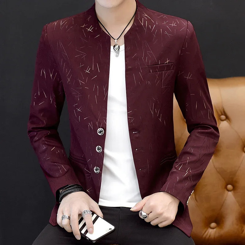 Mens Printed Small Suit Male Korean Version of The Self-cultivation Stand-up Collar Chinese Tunic Casual Suit Thin Jacket Youth 240422