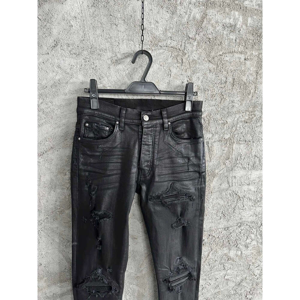 Men's Jeans men leather ribbed patch distressed stretchy skinny wax black jeans 230718