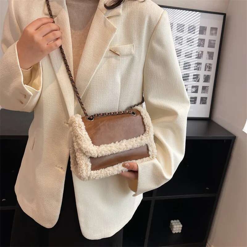 Retro Faux Fur Lambswool Handbag Women Designer PU Leather Messenger Bags Ladies Tote Purses Chain Shoulder Bag