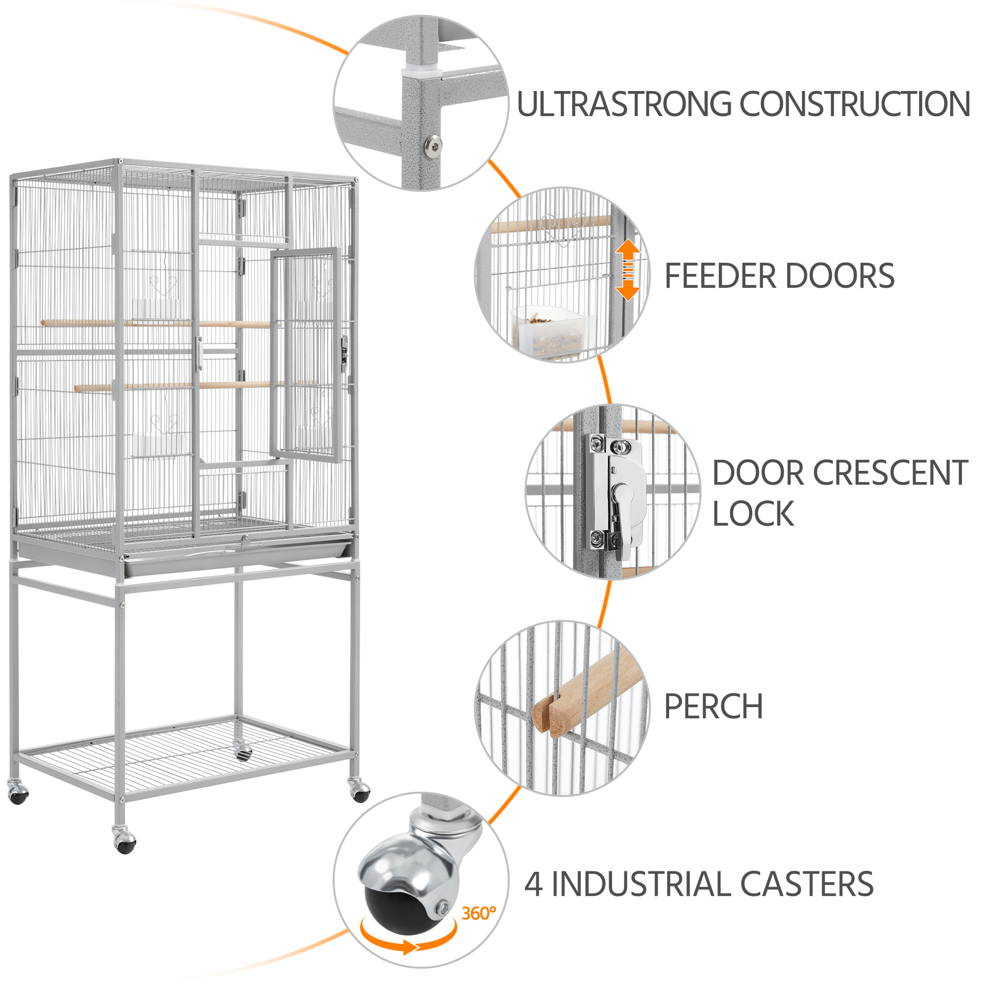 Topeakmart Light Gray Metal Bird Cage with Rolling Detachable Stand, 53.5" H