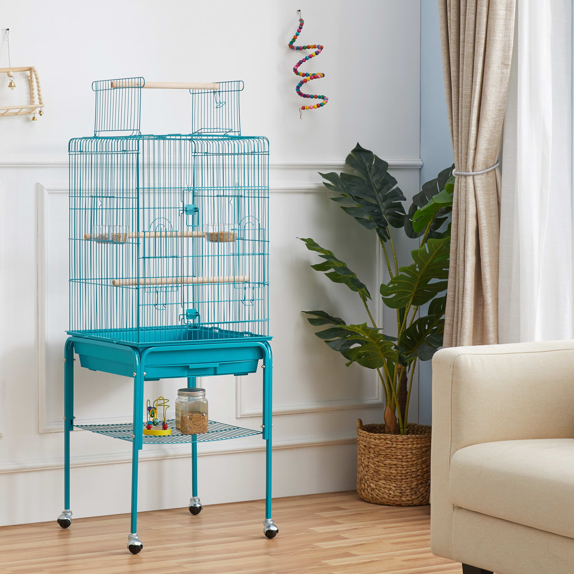Topeakmart Teal Blue Metal Bird Cage with Detachable Rolling Stand for Small Birds, 47" H