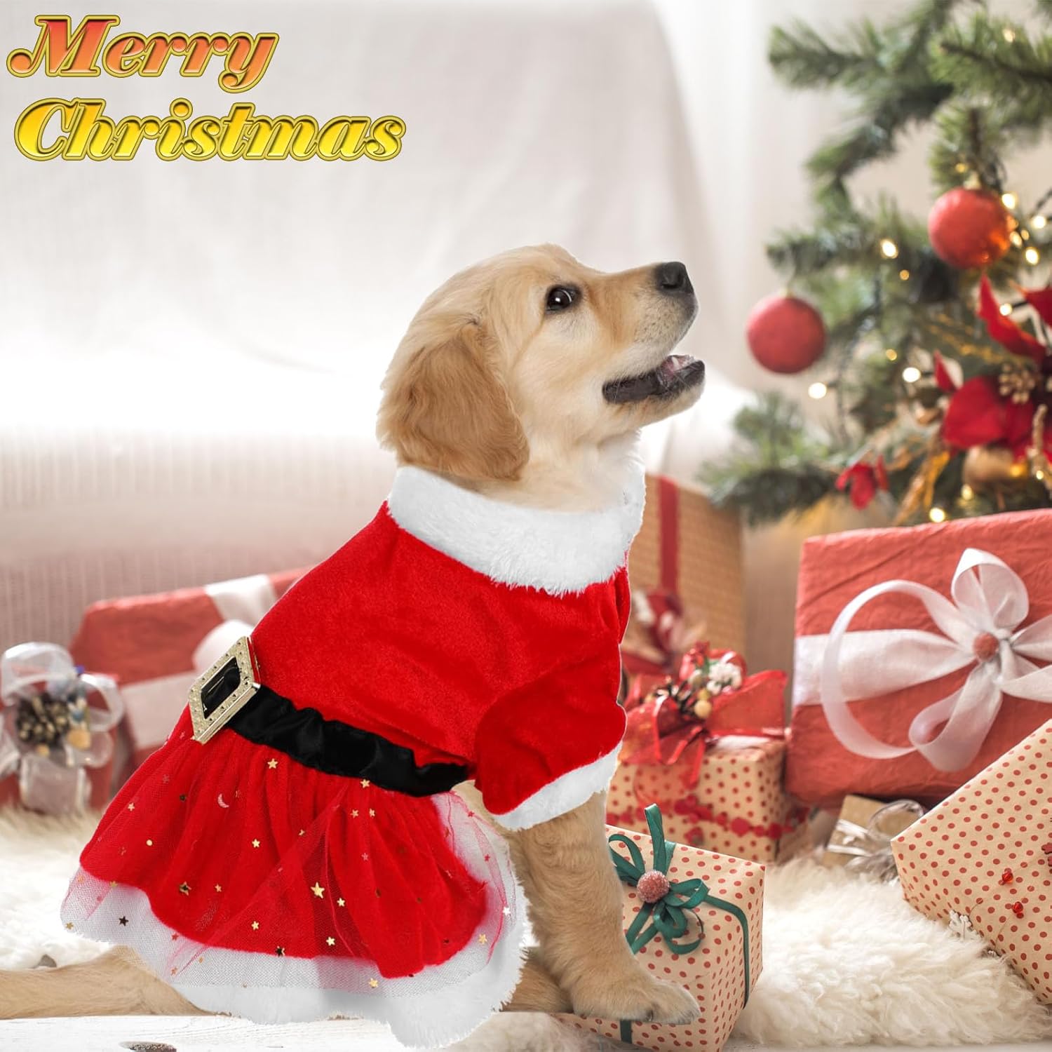 Christmas Dog Dress, Pet Christmas Costume Puppy Tulle Dress, Red Velvet Dog Skirt Santa Claus Outfit Xmas Clothing Winter Coat Cute Apparel