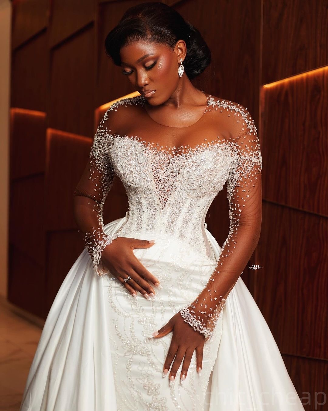 2025 Arabic Aso Ebi Plus Size Ivory Mermaid Wedding Dresses Beaded Full Sleeves Detachable Train Sequined Lace Vintage Bridal Gowns Dress ZJ202