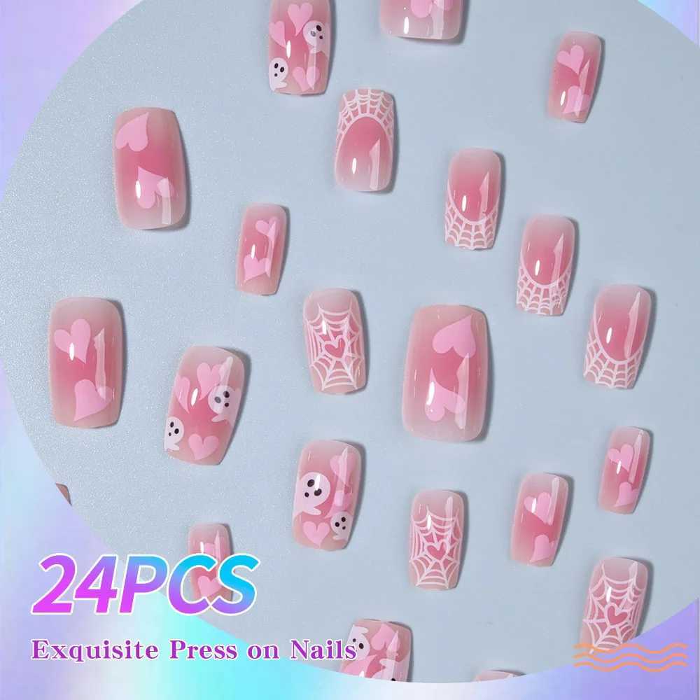 24 pieces of short square Halloween inspired fake nails painted ghosts cobweb and love designs all covered with pressed nailsW241125