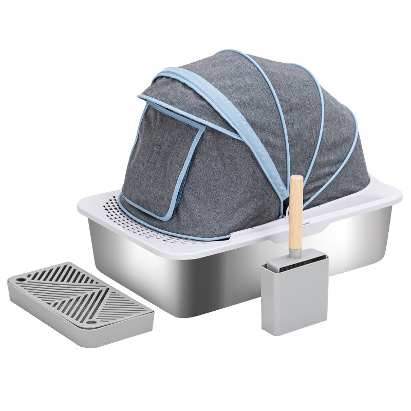 2024 New Eco-Friendly Semi Enclosed Pet Supplies Factory With Lid Sliding Scoop Portable Stainless Steel Cat Litter Box