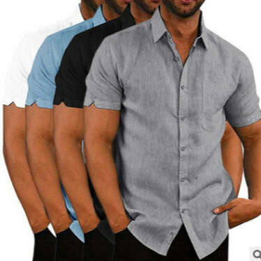 Summer Collar Solid Color Short Sleeved Button Men's En Ing Clothing B3