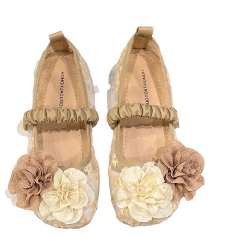 Flower Mesh Lace Flats Mary Janes Shoes Women Sandals Summer Dress Comfort Shoes Shallow Casual Zapatillas De Mujer 241125