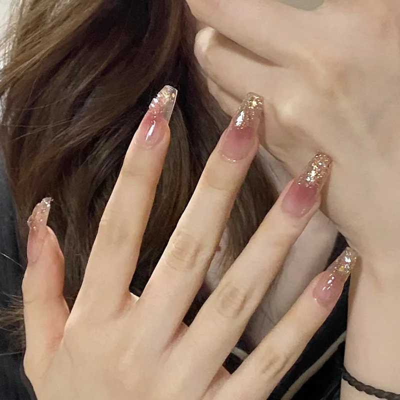 24 pieces/1 box of long ice penetrating square diamond sparkling pure fake nailsW241125