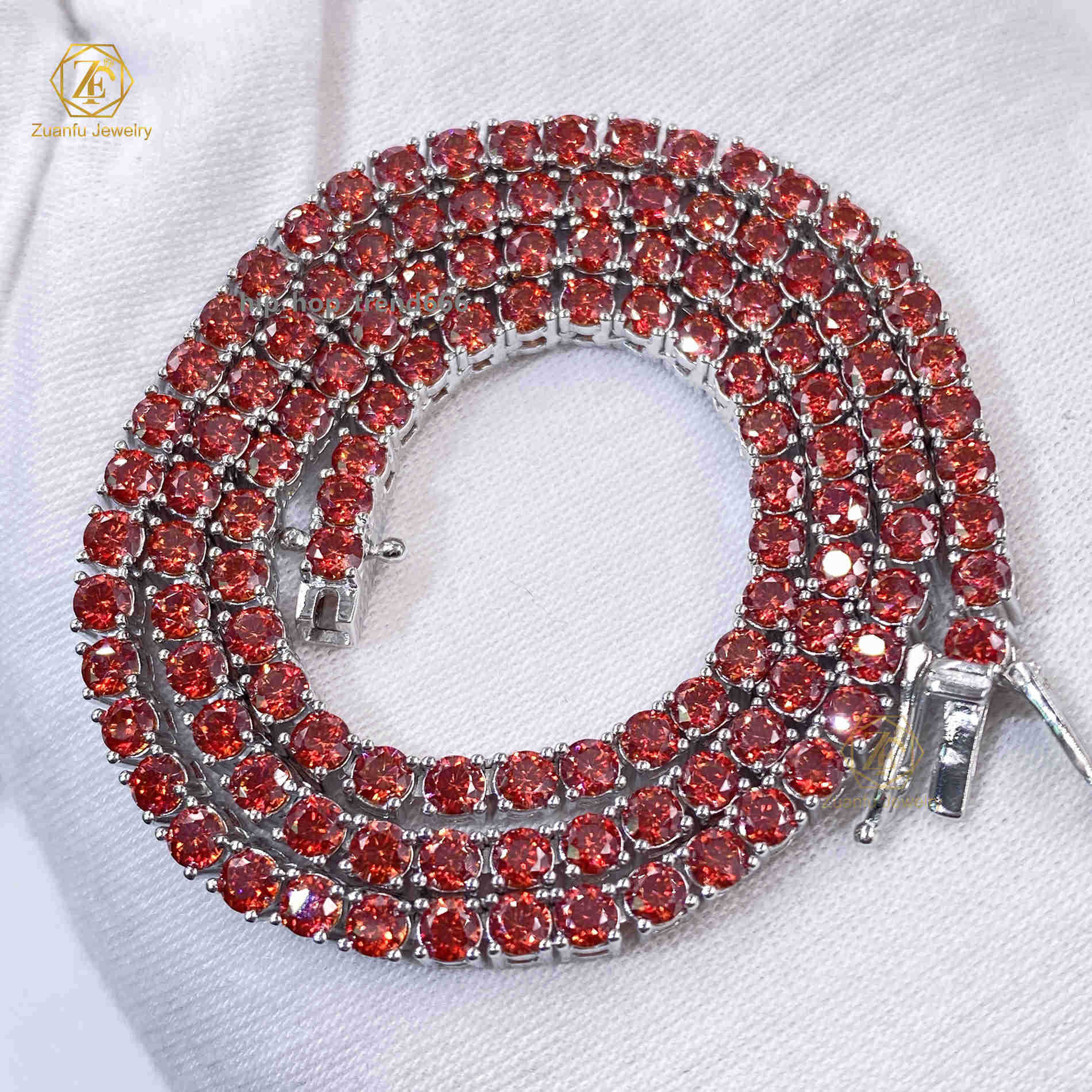 Fashion Jewelry 925 Silver Hiphop Garnet Red Necklace Bracelet Iced Out Moissanite Tennis Chain