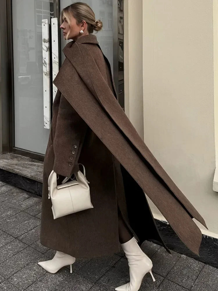 Elegant and warm scarf collar long sleeved coat fashionable solid double-layer pocket wool coat womens winter long sleeved 241122