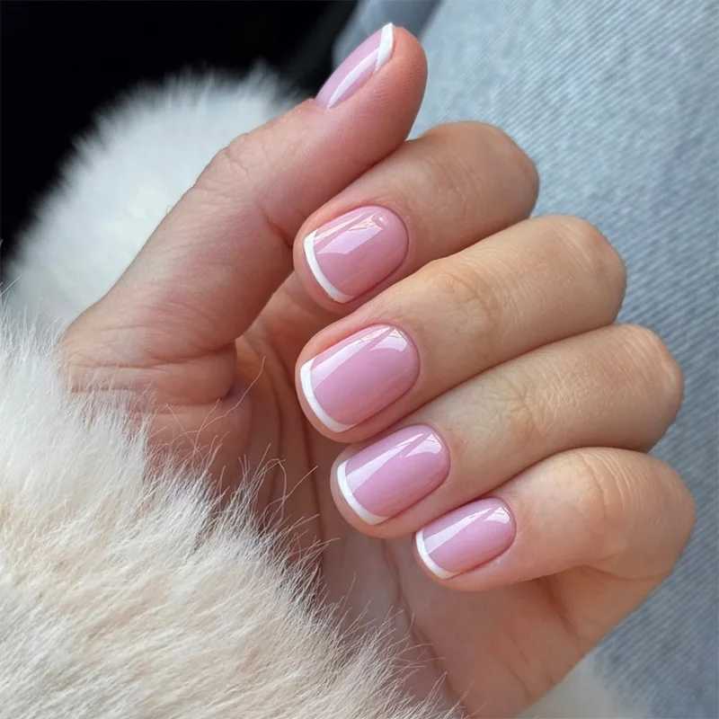 24 piece short square nail set with jelly glue simple white French design fake nails wearable can be embossed on fake nailsW241125