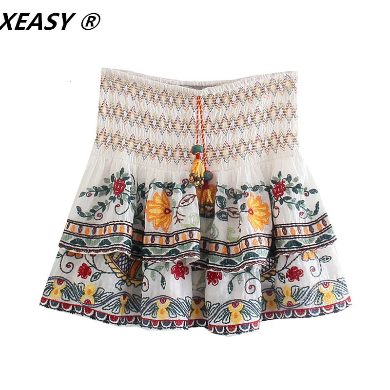 XEASY Women Fashion 2Piece Set Vintage Flowers Batwing Sleeve Embroidered Shirt Female High Waist Mini Skirt Sweet Suits 240423