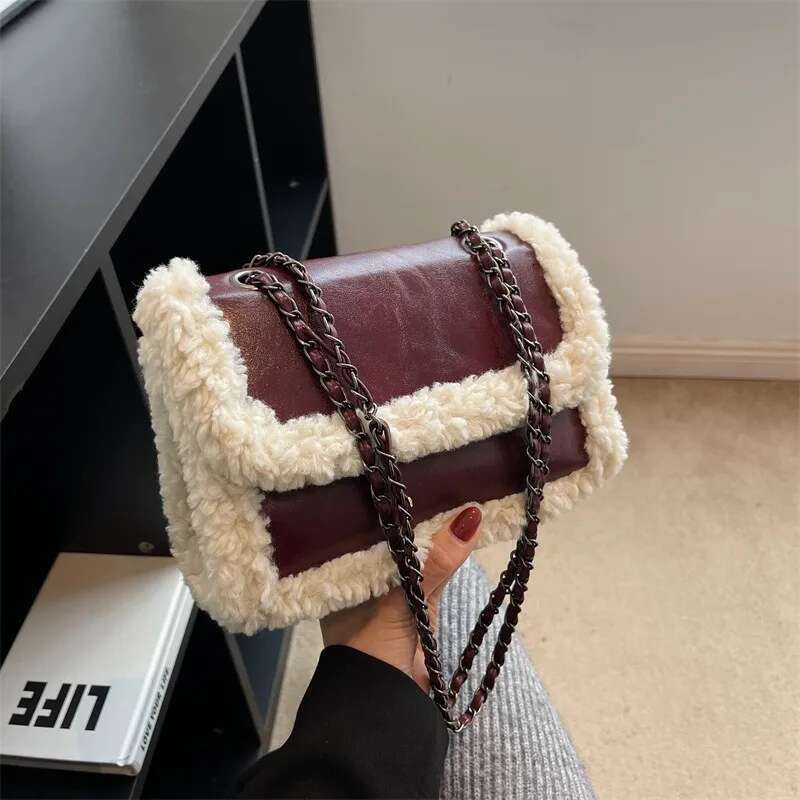 Retro Faux Fur Lambswool Handbag Women Designer PU Leather Messenger Bags Ladies Tote Purses Chain Shoulder Bag