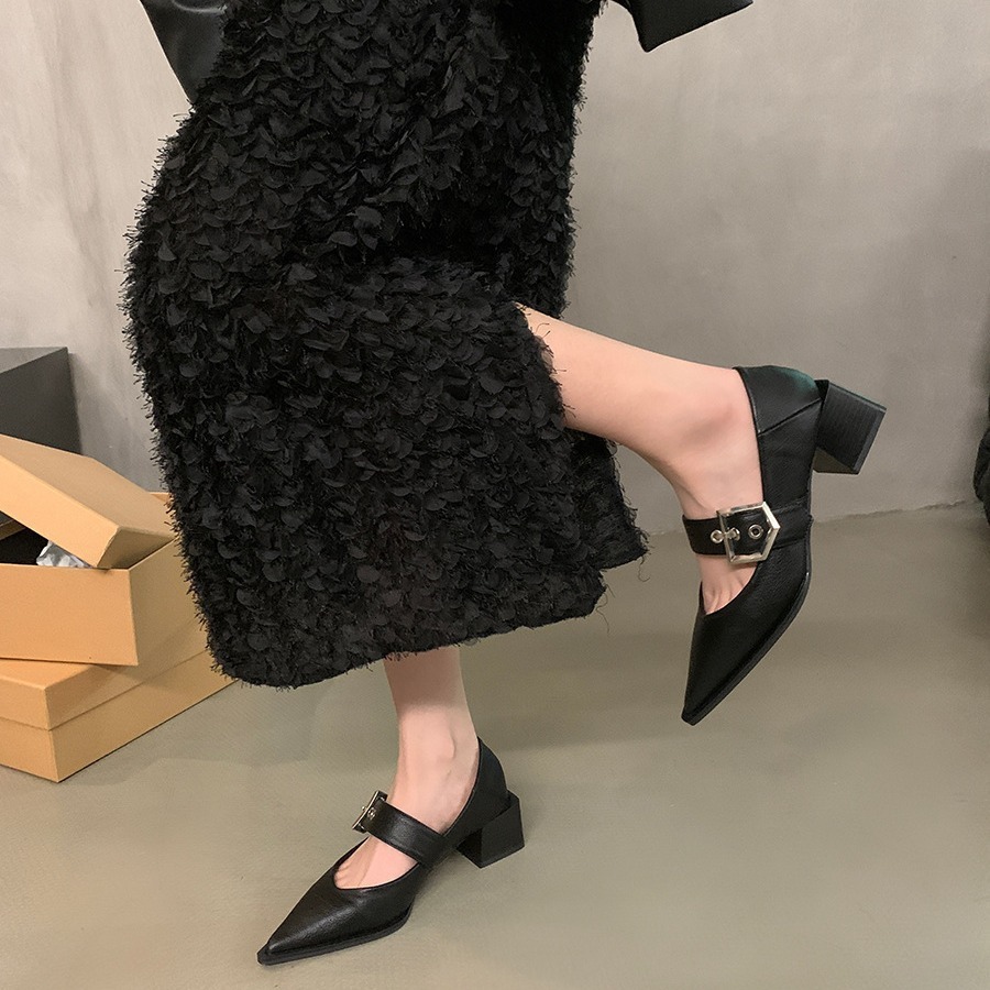 Retro pointed Mary Jane small leather shoes, women's British style single shoes, 2024 spring and autumn new French fashion thick heels