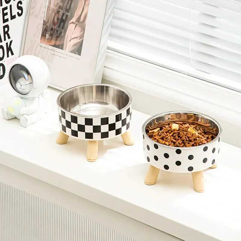 A Cat Bowl For Cats And Dogs Simple Polka-dot Stainless Steel Pet Tall Bowl Drinking Water Anti-overturn Water Bowl Food BasXJ241125