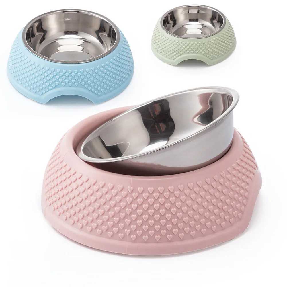 Dog Feeding Bowl Pet Tableware Drinking Dish Stainless Steel Sealed Dog Bowl Pink Green Blue Cat Bowls With Heart-Shaped PatternXJ241125