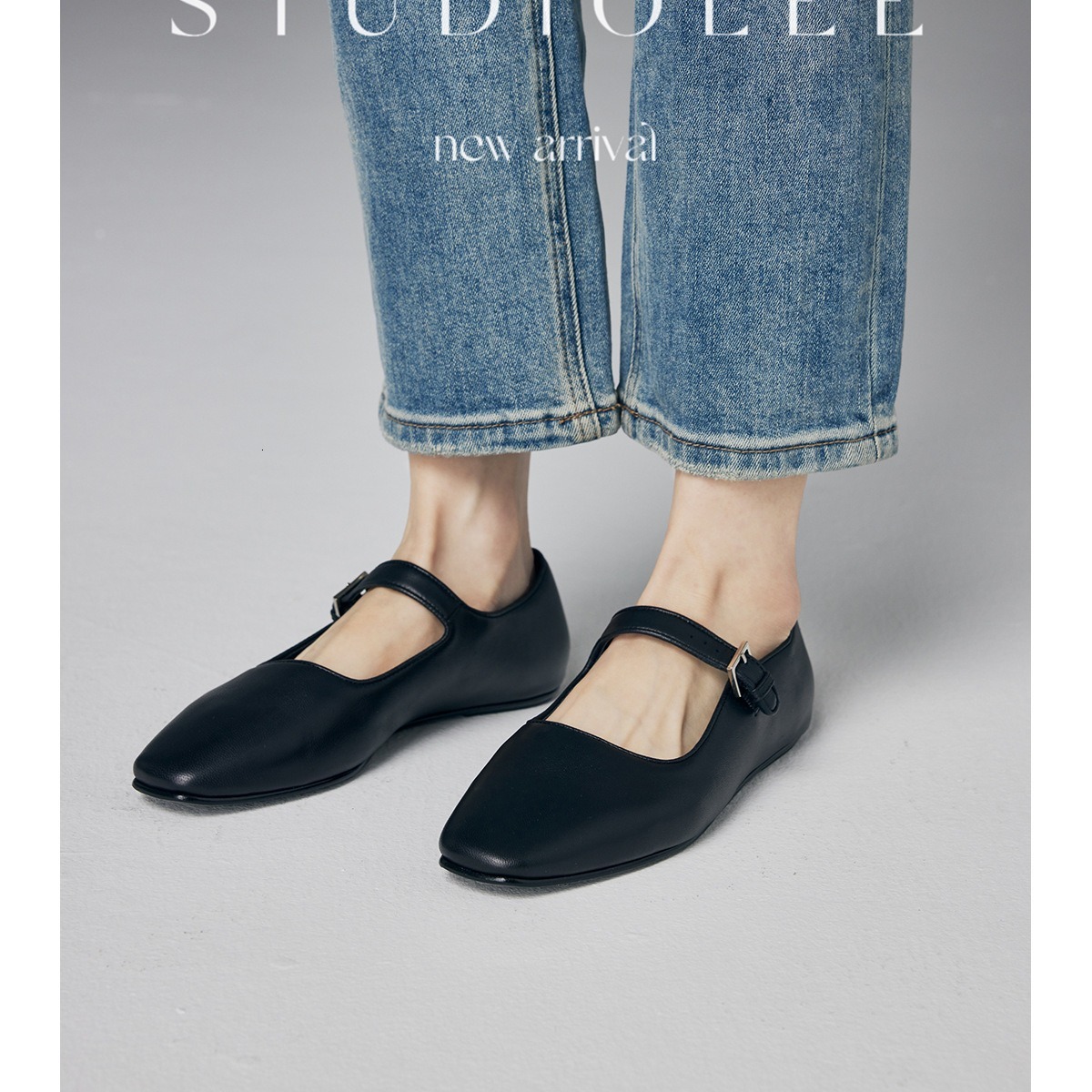 Sheepskin Edition~Square Head Mary Jane One Button Versatile Black Flat sole Single Shoes Women's Soft Leather Shallow Mouth Flat sole Small Leat