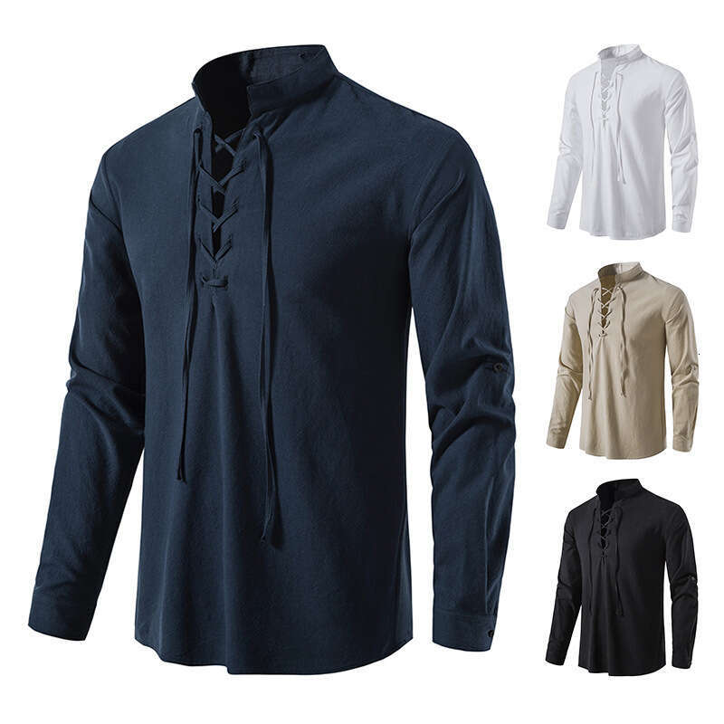 Spring Summer New Men's Cotton And En Henry Shirt Foreign Trade European Size Long Sleeved Casual Stand Collar Ing B4