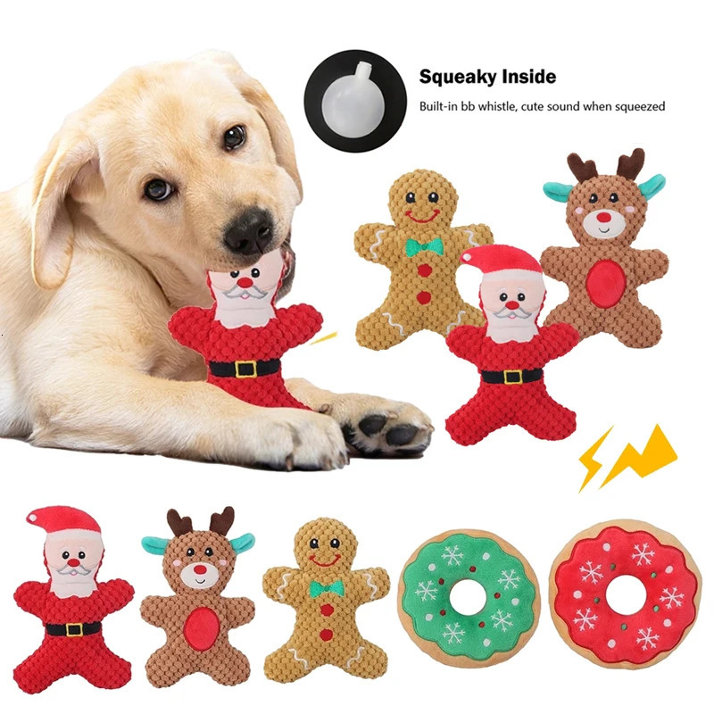 Xmas Pet Dog Plush Chew Toy Santa Elk Gingerbread Man Donut Cat Dog Christmas Series Cartoon Dog Toy Plush Squeak Toy Cookies 241125