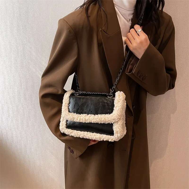 Retro Faux Fur Lambswool Handbag Women Designer PU Leather Messenger Bags Ladies Tote Purses Chain Shoulder Bag