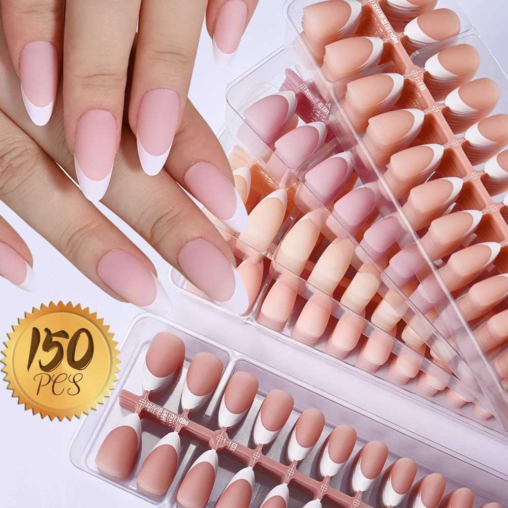 150Pcs pre made French fake nails without scars paraffin wax almond fake nails artificial nails pressed nailsW241125