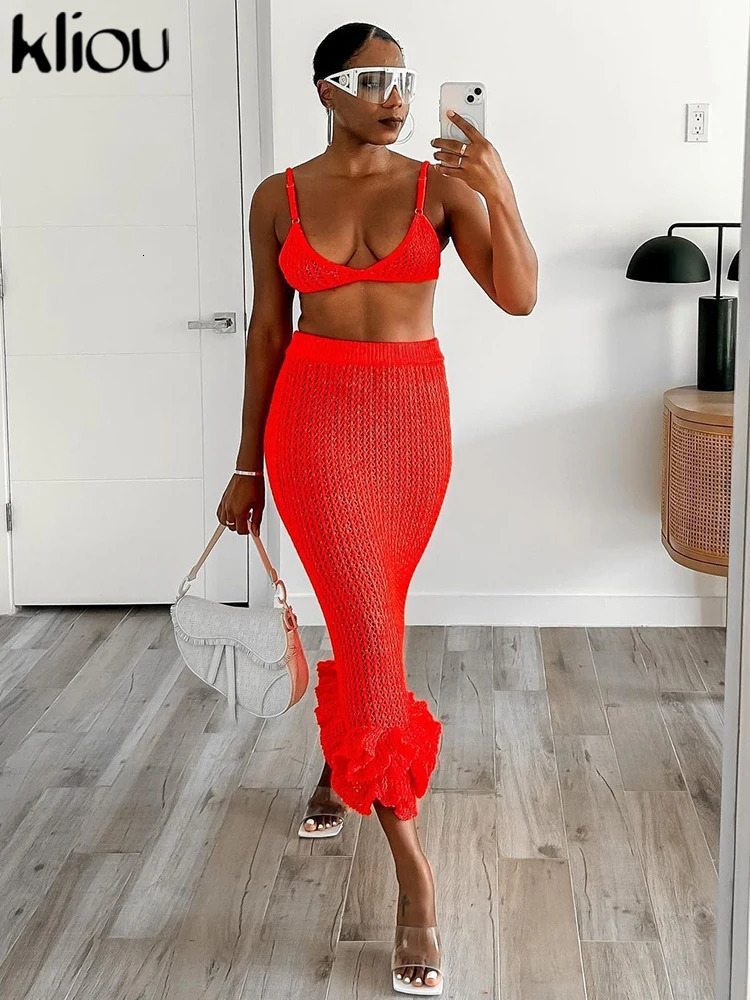 kliou Summer Women Knitted Two Piece Set Solid Sheer Sexy Cleavage CamisoleHigh Waist Stacked Slim Hip Skirts Female Attirewear 240423