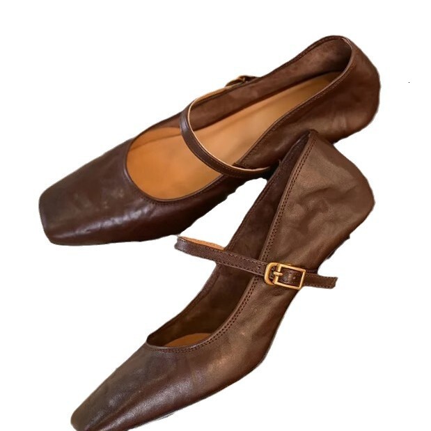 2024 New Spring Square Head Retro Mary Jane Shoes Coarse Follow up Shoes for Women Black JK Small Leather Shoes High Heels for Women