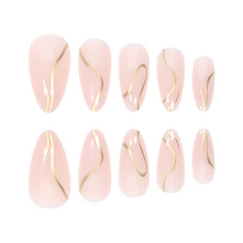 24 pieces of almond shaped irregular gold thread pattern fake nails 1 piece of nail file and 1 piece of jelly glueW241125