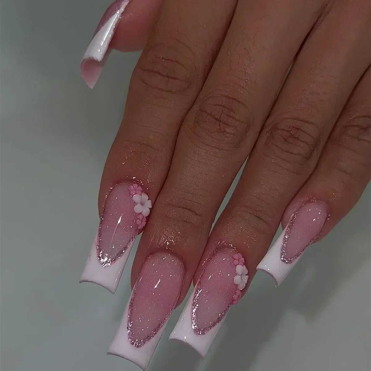 24 pieces of long ballet dancer fake nails pressed snake shaped nails with Rhinestone French fake nails wearable white nail tipsW241125