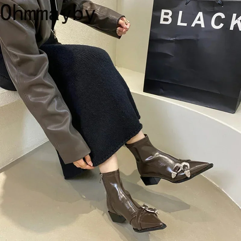 Pointed Toe Women Ankle Boots Fashion Thick Heel Slimming Short BooTies Autumn Winter Female Shoes 241125
