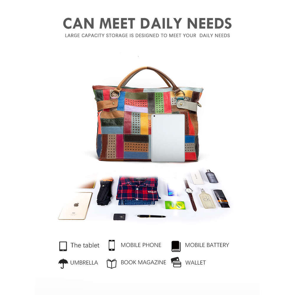 New Multi-Color Soft Natural Leather Ladies Patchwork Large Shopper Handbag Shoulder Women Design Female Tote Bag 355