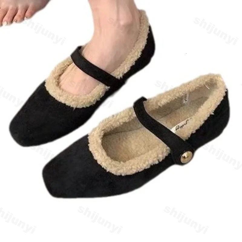 Square Toe Cosy Lambs Wool Ballet Flats Woman Warm Teddy Fur Mary Jane Shoes Ladies Leopard Elegant Fluffy Plush Loafers 241125
