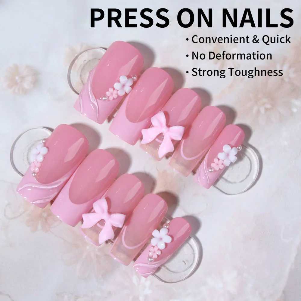 24 long holiday nails with water ripple square nails pink 3D bow transparent design removable by nail reusableW241125