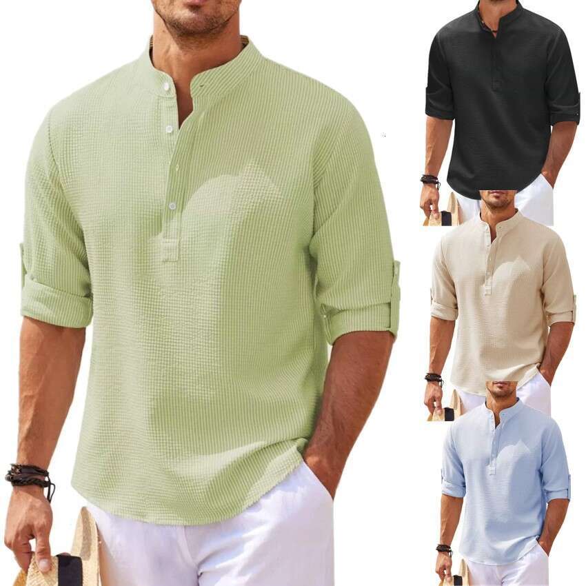 European And American Men's Shirt Long Sleeved Stand Up Collar Open Button Pineapple Plaid Casual Top Wholesale B3
