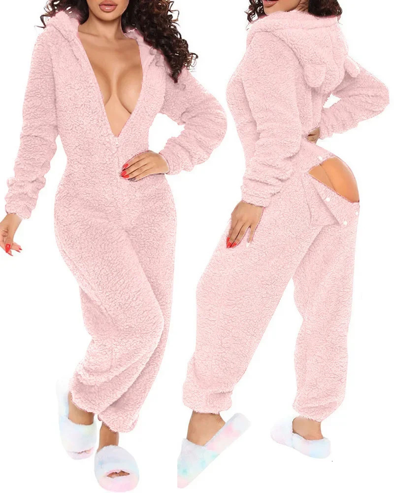 Ueteey Sexy Pyjama Jumpsuits for Women 3D Ear Buttoned Flap Functional Long Sleeve Plush Velvet Hooded Home Lounge Jumpsuit 241125