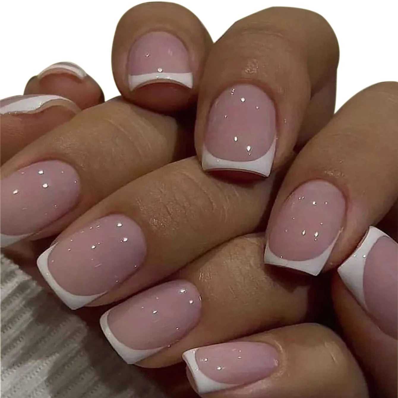 24 pieces of short square white French full cover fake nail set 1 nail file and 1 nail glue sticker set nail setW241125
