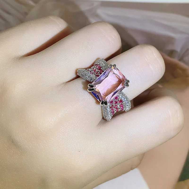 Band Rings 925 silver high-definition pink diamond ring female personality opening four-claw gemstone party birthday gift H240425