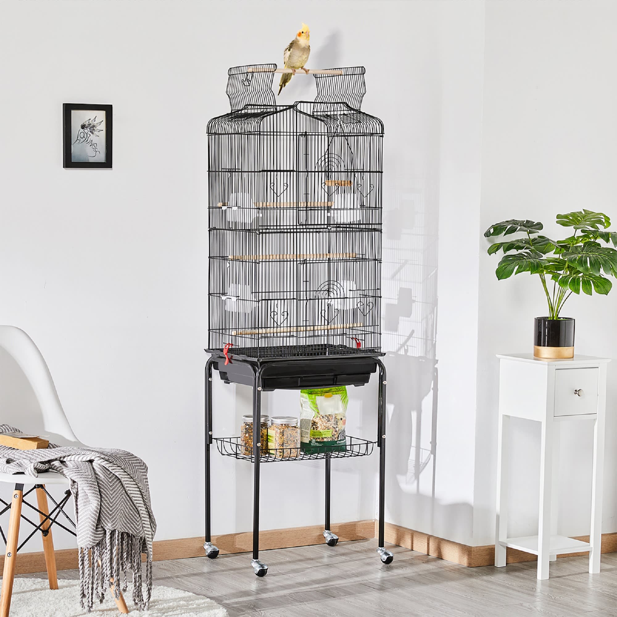 Topeakmart Black Open Top Metal Bird Cage with Rolling Stand, 64" H